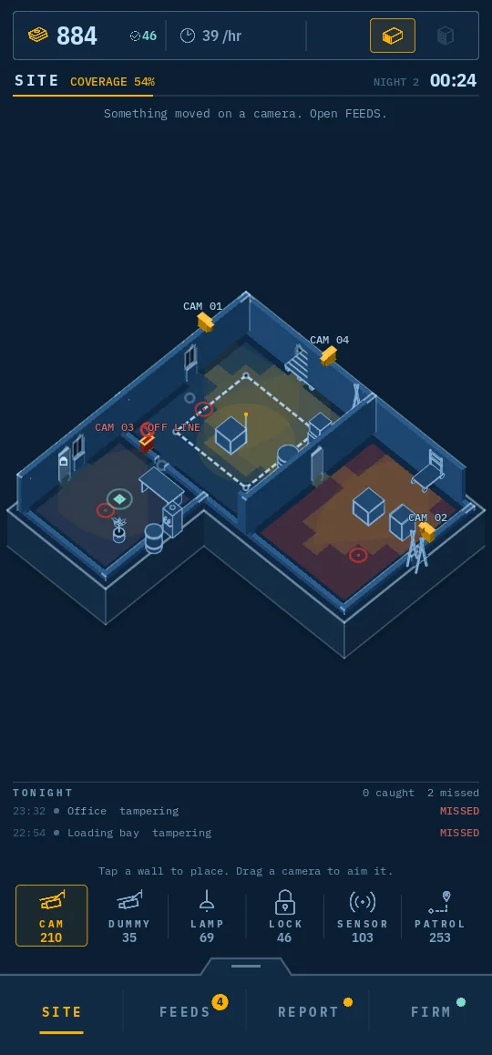 The SITE screen: an isometric blueprint of a building with cameras, locks and sensors placed on it